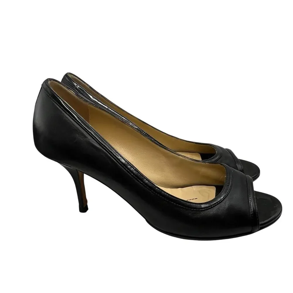 Kate Spade Heels Pumps Women SZ 9.5 Black Leather Open Toe 3 Inch Heels Classic